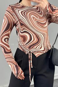 Lamelif Yan Büzgü Detaylı Geometrik Desen Body Acı Kahve