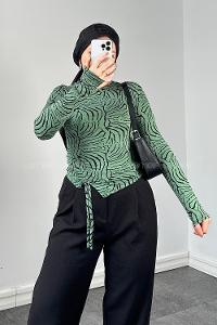 Lamelif Yan Büzgü Detaylı Zebra Desen Body Yeşil