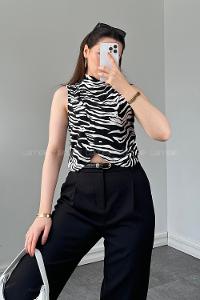 Lamelif Kruvaze Detaylı Karışık Çizgi Desen Body Siyah