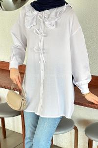 Lamelif Bebe Yaka Fiyonk Detaylı Tesettür Gömlek Beyaz