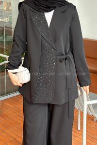Lamelif Kruvaze Taşlı Ceket Pantolon Takım Siyah
