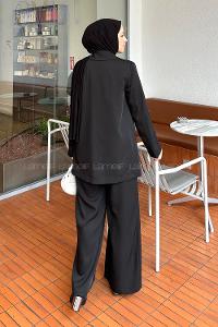 Lamelif Kruvaze Taşlı Ceket Pantolon Takım Siyah