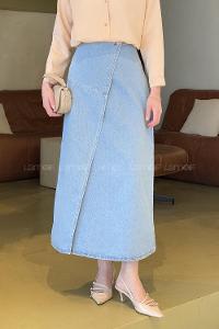 Lamelif Kruvaze Kapama Tesettür Kot Etek Buz Mavisi