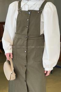 Lamelif Önü Boydan Düğmeli Salopet Asker Yeşili