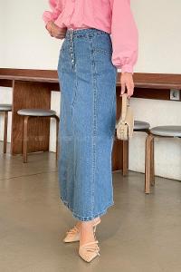 Lamelif Düğme Detaylı Kuplu Tesettür Kot Etek Mavi