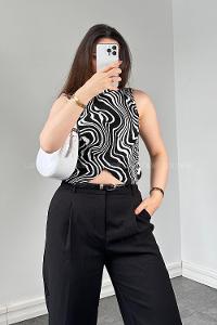 Lamelif Kruvaze Detaylı Dalga Desen Body Siyah