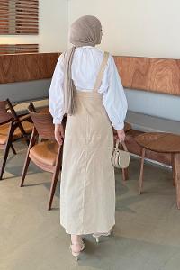 Lamelif Önü Boydan Düğmeli Salopet Krem