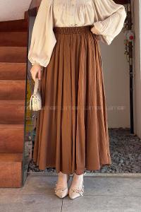 Lamelif Beli Lastikli Uzun Gofre Tesettür Etek Acı Kahve
