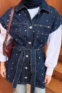 Lamelif Düğmeli Kot Yelek Koyu Mavi