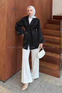 Lamelif Kuşaklı Organze Ceket Siyah