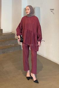 Lamelif Fırfırlı Bluz Pantolon Takım Bordo