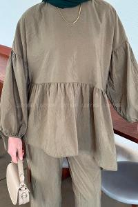 Lamelif Fırfırlı Bluz Pantolon Takım Haki