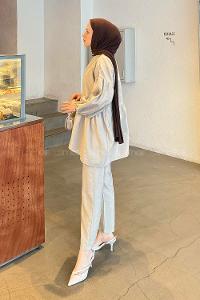 Lamelif Fırfırlı Bluz Pantolon Takım Taş