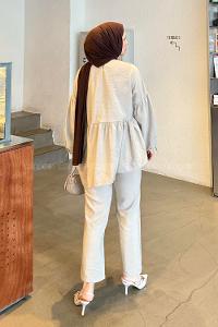 Lamelif Fırfırlı Bluz Pantolon Takım Taş