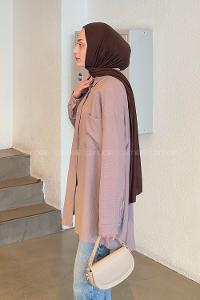 Lamelif Tek Cepli Gofre Tesettür Gömlek Soft Kahve