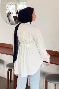 Lamelif Bağlama Detaylı Çilek Tesettür Gömlek Beyaz