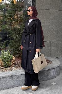 Lamelif Kuşak Bağlama Detaylı Trenç Siyah