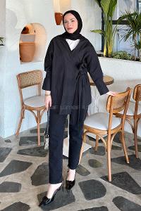 Lamelif Bağlama Detaylı Tesettür Gömlek Siyah