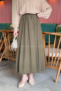 Lamelif Cep Detaylı Keten Etek Asker Yeşili