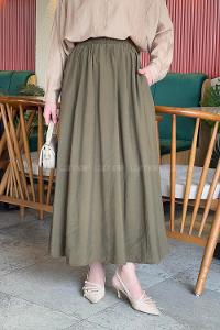 Lamelif Cep Detaylı Keten Etek Asker Yeşili