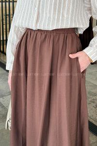 Lamelif Cep Detaylı Keten Etek Kahve