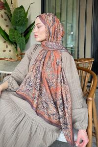 Lamelif Retro Desen Soft Şal Kahverengi Turuncu