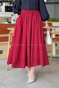 Lamelif Cep Detaylı Keten Etek Vişne Rengi