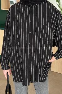 Lamelif Lamis Tek Cepli Çizgili Gömlek Siyah