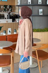 Lamelif Pera Keten Tesettür Gömlek Kahve