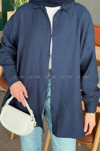 Ağaç Kabuğu Dokulu Pamuklu Tesettür Gömlek Lacivert