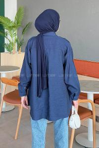 Ağaç Kabuğu Dokulu Pamuklu Tesettür Gömlek Lacivert