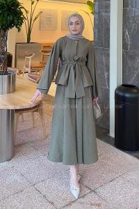 Lamelif Bağcıklı Etek-Bluz İkili Takım Haki