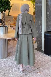 Lamelif Bağcıklı Etek-Bluz İkili Takım Haki