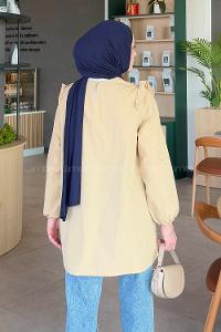 Lamelif Bisiklet Yaka Omuz Fırfırlı Tunik Bej