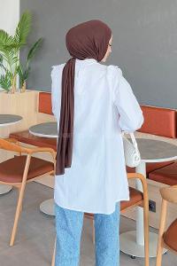 Lamelif Bisiklet Yaka Omuz Fırfırlı Tunik Beyaz