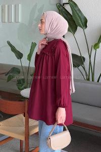 Lamelif Bisiklet Yaka Omuz Fırfırlı Tunik Bordo