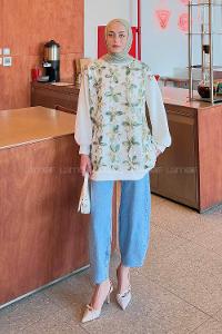 Lamelif Çiçekli İki İplik Tesettür Sweat Haki
