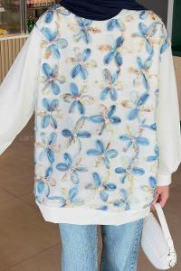 Lamelif Çiçekli İki İplik Tesettür Sweat Mavi