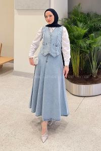 Lamelif Denim Yelek-Etek İkili Tesettür Takım Buz Mavisi