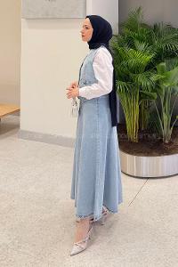 Lamelif Denim Yelek-Etek İkili Tesettür Takım Buz Mavisi