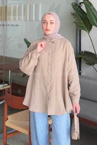 Sand Beige Shirt Collar Long Arm Linen Shirt