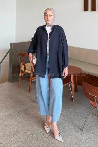 Navy Blue Shirt Collar Long Arm Linen Shirt