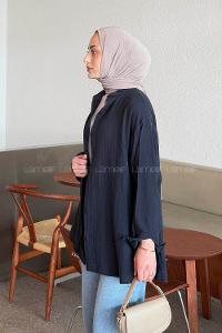 Navy Blue Shirt Collar Long Arm Linen Shirt