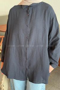 Navy Blue Shirt Collar Long Arm Linen Shirt