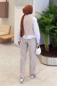 Lamelif Ön Fiyonk Bağlamalı Yelek-Pantolon İkili Takım Krem