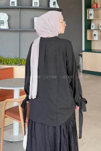 Lamelif Önden Bağlamalı V Yaka Bluz Siyah