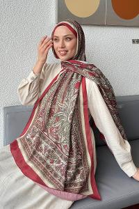 Lamelif Retro Desen Pamuk Şal Bordo