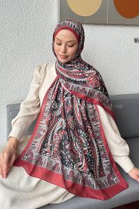 Lamelif Retro Desen Pamuk Şal Bordo