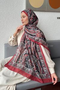 Lamelif Retro Desen Pamuk Şal Bordo