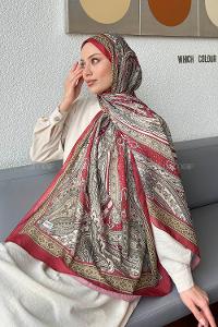 Lamelif Retro Desen Pamuk Şal Bordo